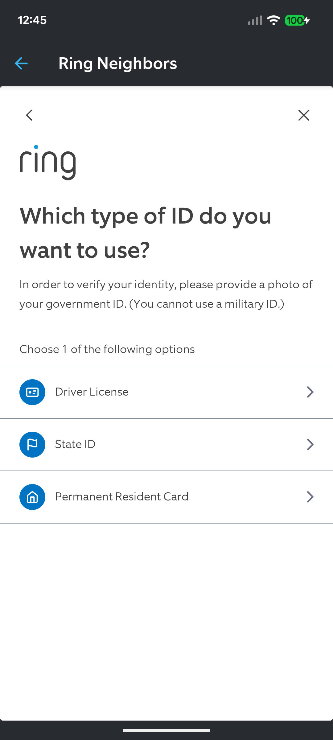 Ring Neighbors Verify Identity ID Type Ring Neighbors Verify Identity ID Type